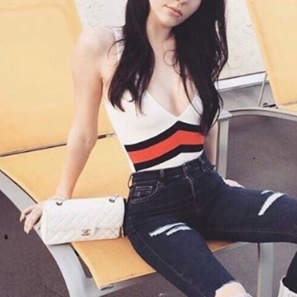 1S left: white stretch stripe bodysuit - Picture 2 of 5